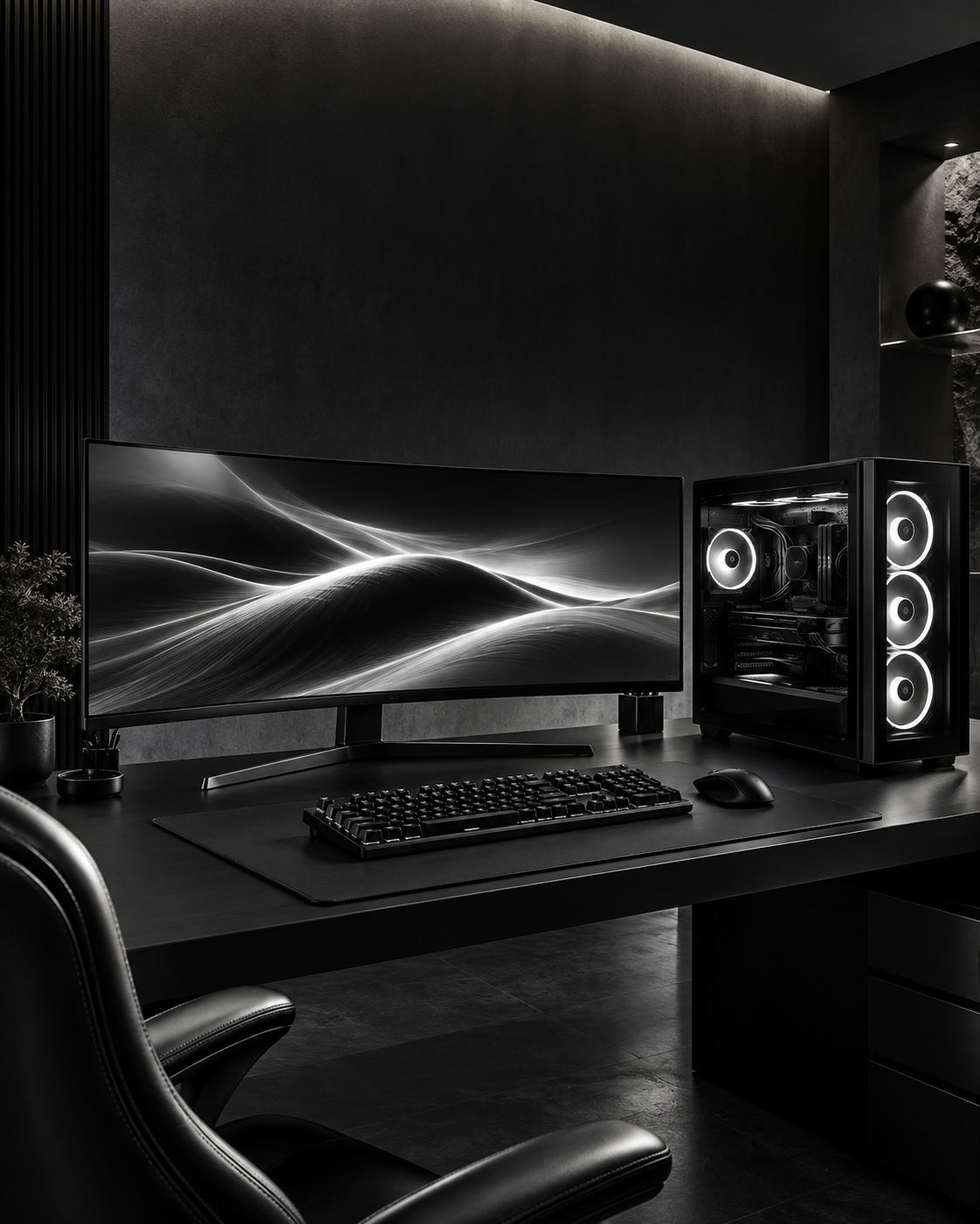Setup gaming negro con PC, monitor y periféricos